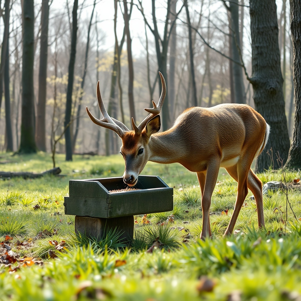 <clean photorealistic photo/illustration showing a deer eating Record Rack feed from a tro