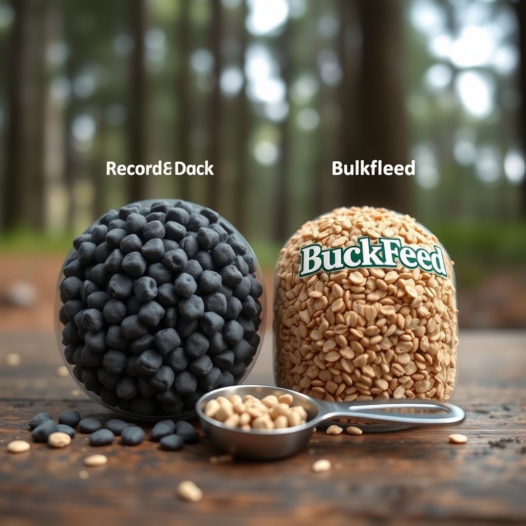 A close-up comparison of two feed pellets: one dense dark pellet (Record Rack) and one lig