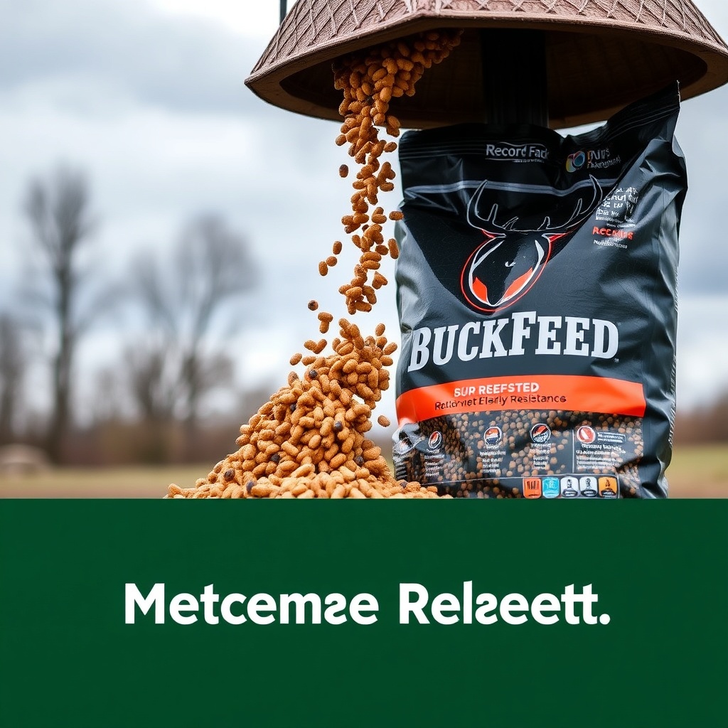 A deer feeder with Record Rack pellets pouring out in a steady stream next to a bag of Buc