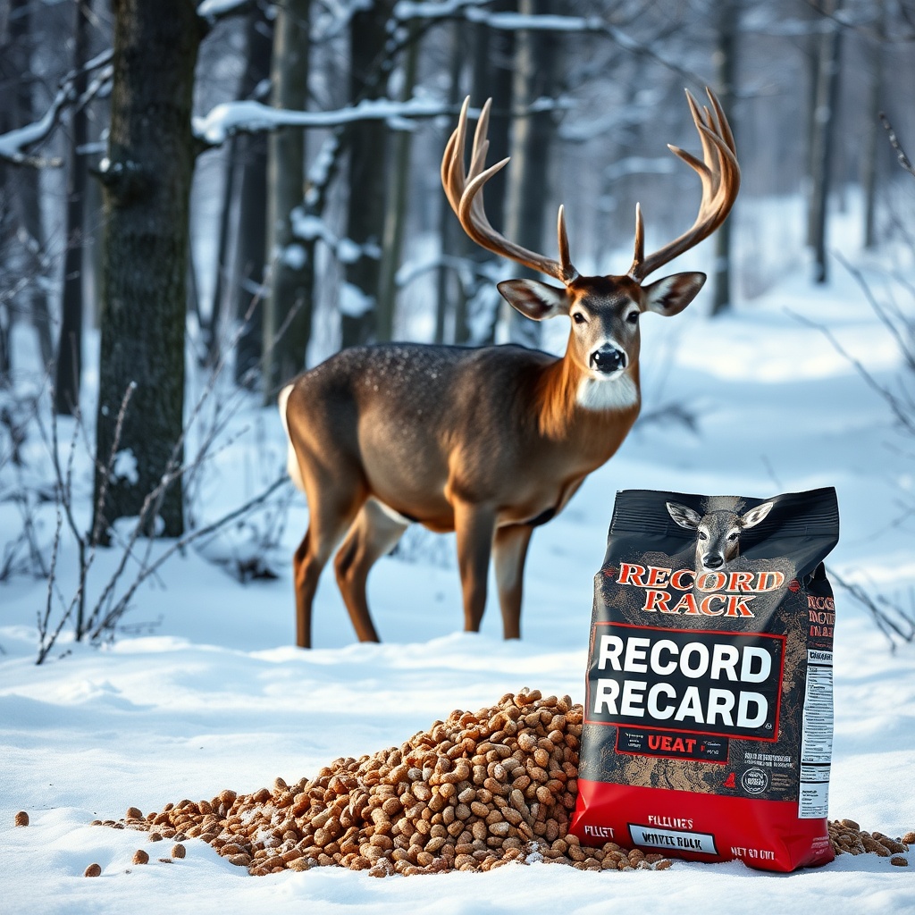 A photorealistic winter scene with a mature whitetail buck standing in snow-covered woods