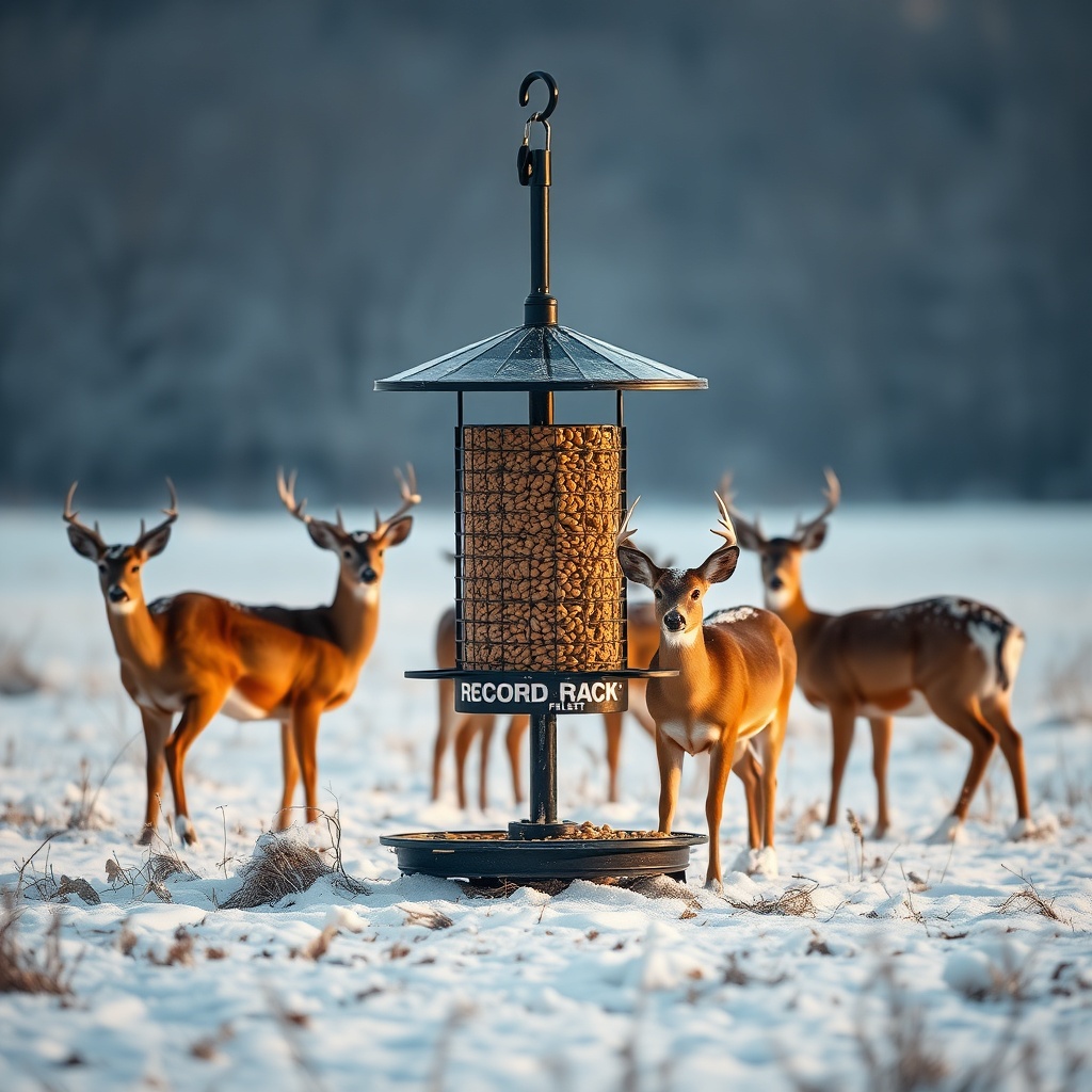 A photorealistic medium shot of a deer feeder in a snowy field