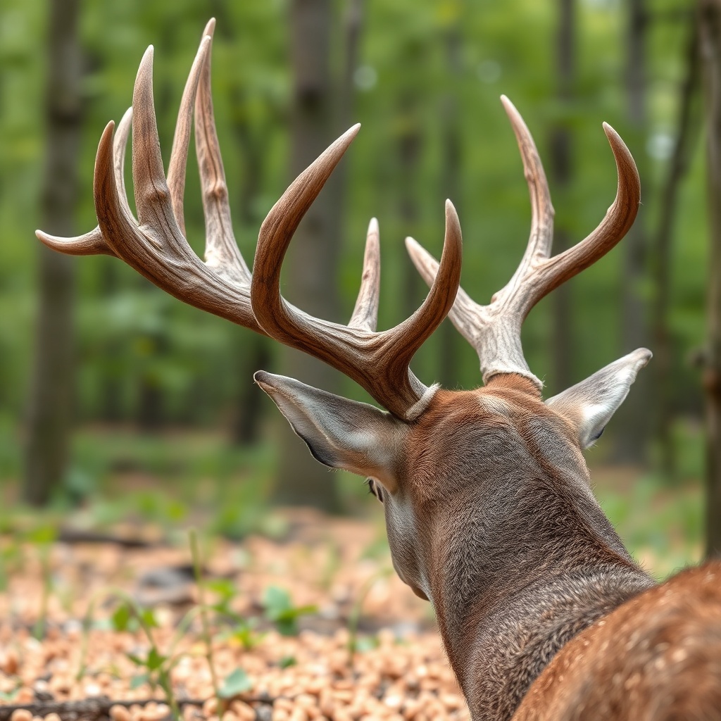 A clean photorealistic image of a mature whitetail buck’s antlers in early June