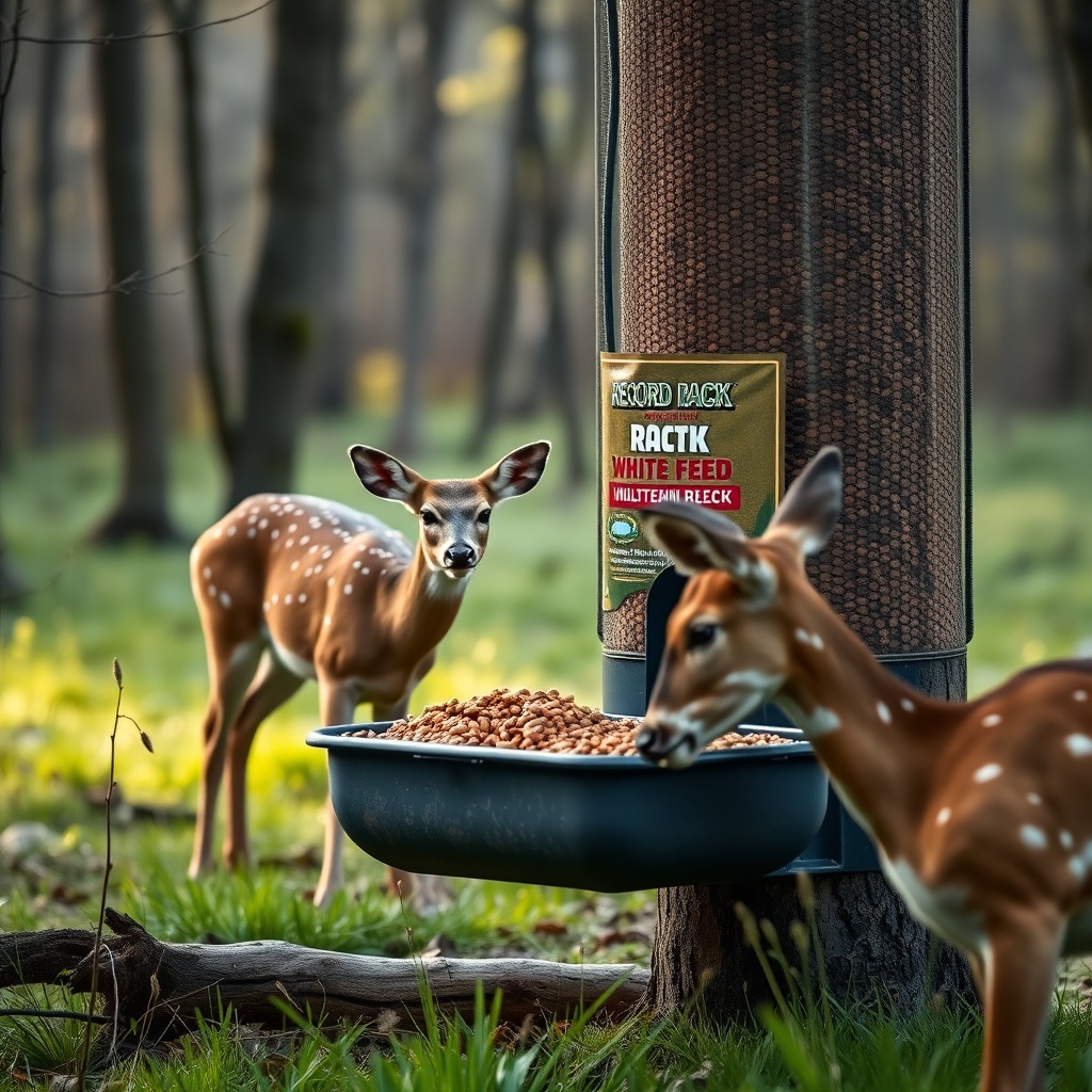 A photorealistic image of a protein feeder in a late-spring woodlot