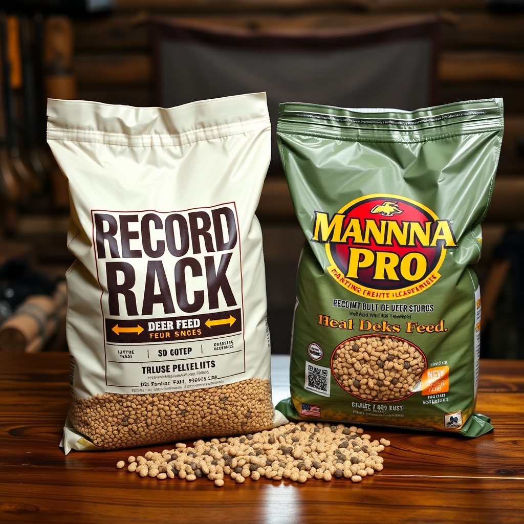 A photorealistic photo showing two open bags of deer feed