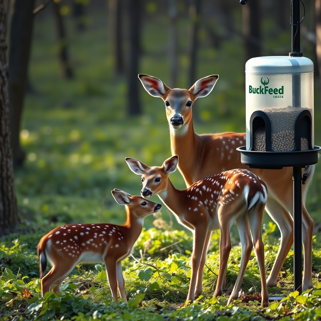 <photorealistic image of a doe and fawn feeding from a BuckFeed deer feeder in early sprin