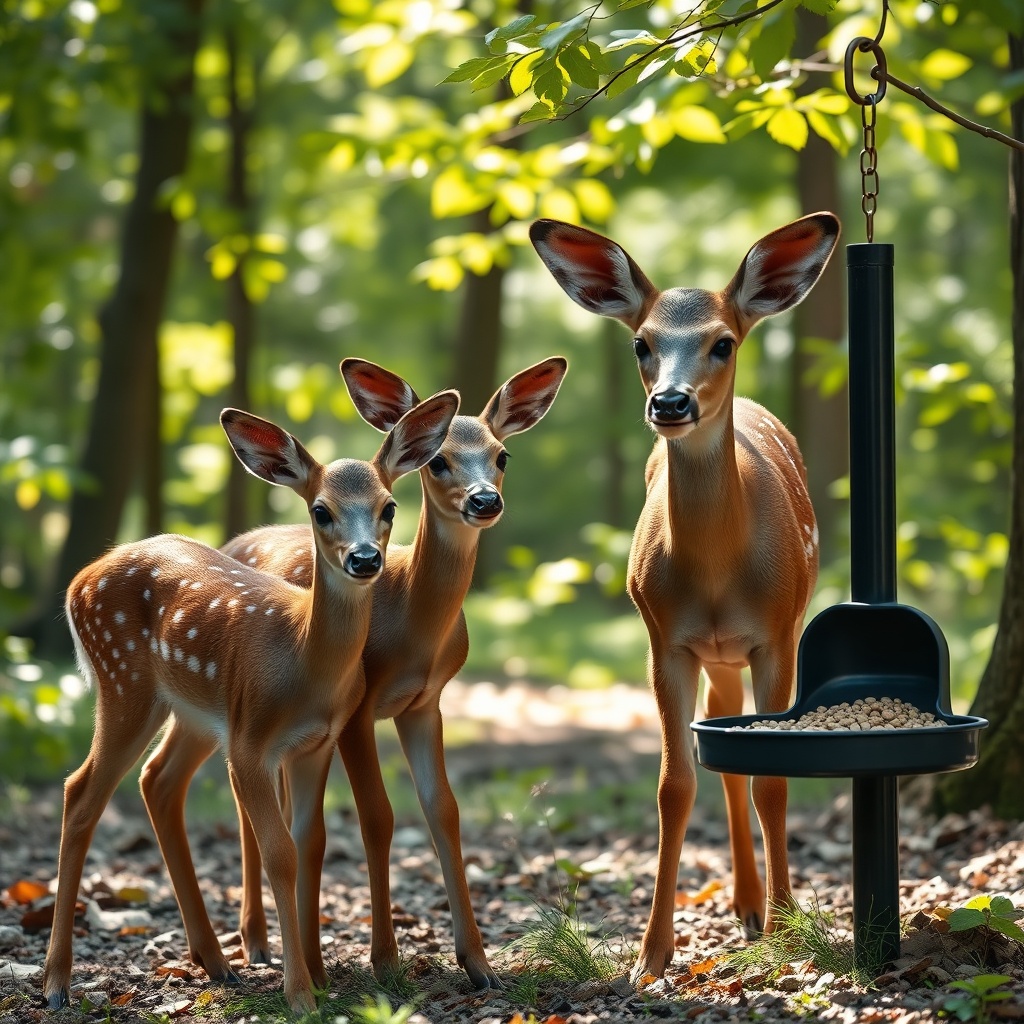 <photorealistic image of two fawns and a doe standing by a BuckFeed feeder in summer woodl