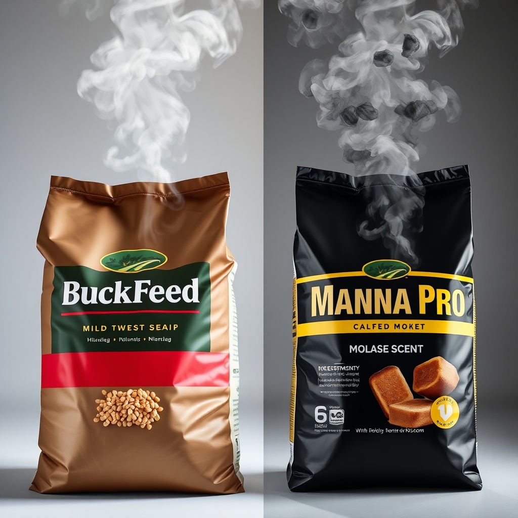A side-by-side comparison of two feed bags: one BuckFeed bag with a grain pile emitting a