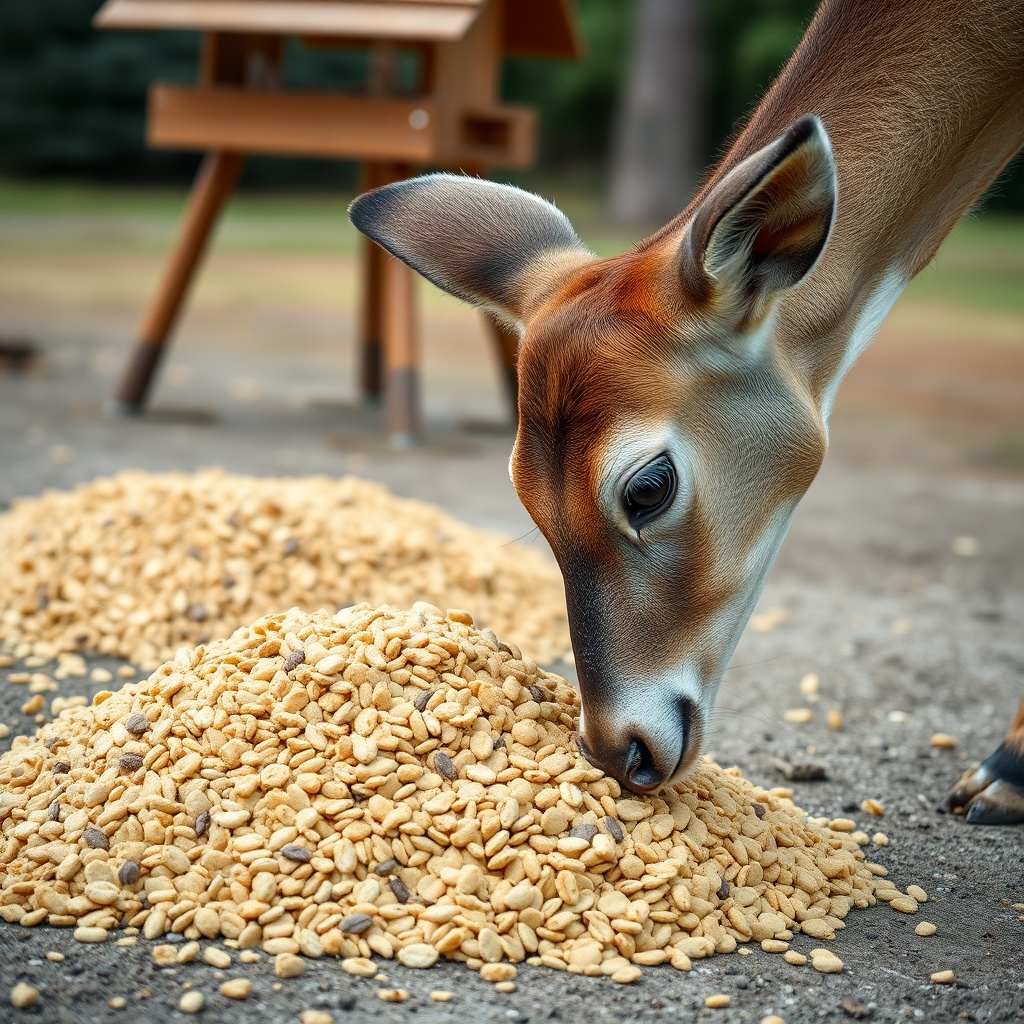 A deer sniffing a pile of feed on the ground