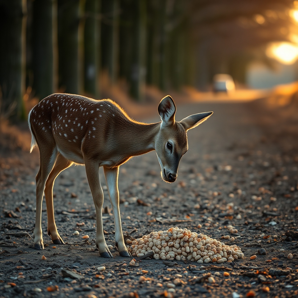 <A photorealistic photo of a whitetail doe cautiously sniffing a pile of BuckFeed pellets