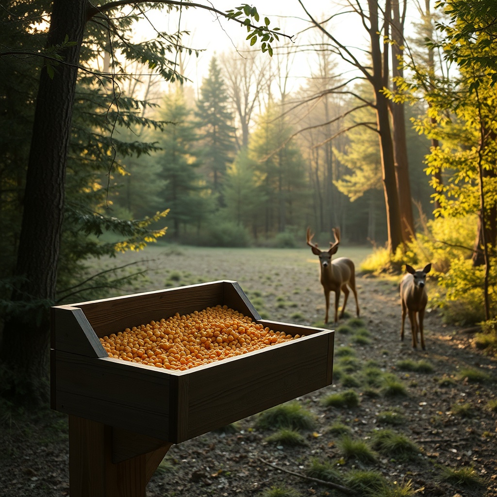 <A photorealistic photo of a wooden trough feeder filled with golden BuckFeed pellets in a